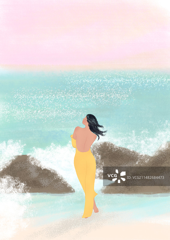 在海边女孩背影风景插画图片素材