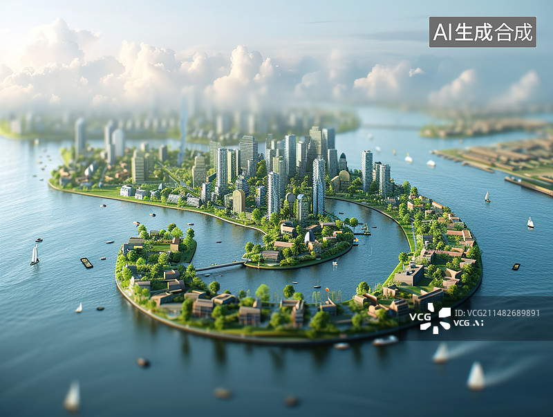 【AI数字艺术】移轴镜头下的城市河道微缩景观图片素材