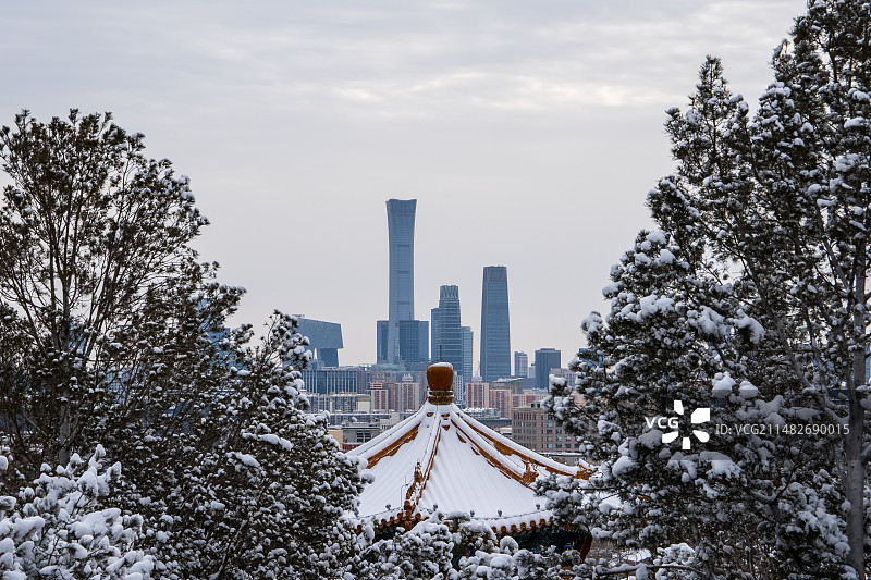 冬季雪后从景山公园俯瞰北京城市景观的高角度俯瞰图图片素材