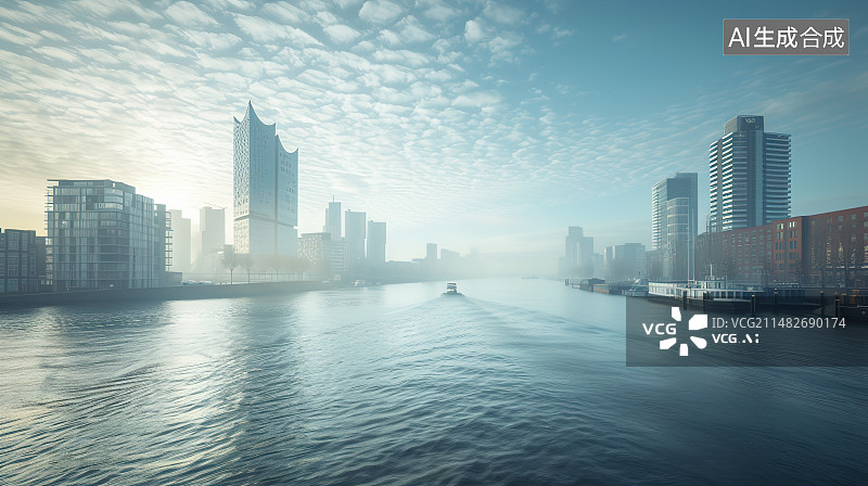 【AI数字艺术】城市景观河道与沿岸城市立面图片素材