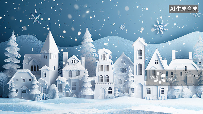 【AI数字艺术】剪纸风格白雪覆盖的村庄与白雪皑皑的城镇景观插画背景配图图片素材