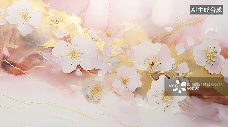 【AI数字艺术】厚涂粗笔触刮刀丙烯金白色粉花朵背景图片素材