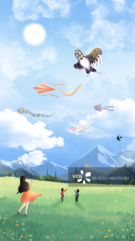 春季春天放风筝可爱清新卡通图片素材