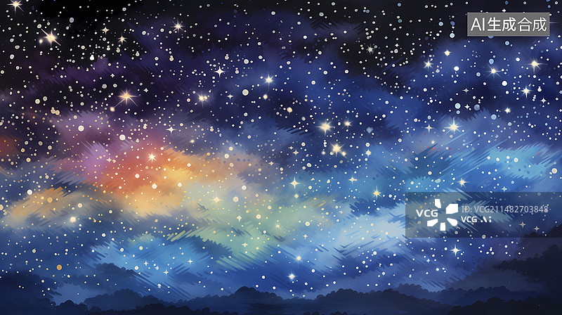 【AI数字艺术】彩色迷幻夜晚星星插画抽象背景图片素材