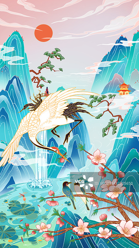 中国风国潮仙鹤桃花山水插画图片素材