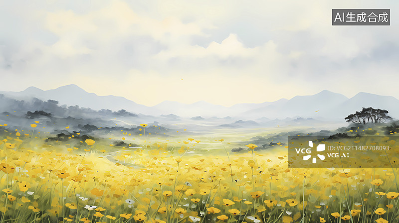 【AI数字艺术】印象派手绘黄花田插画背景图片素材