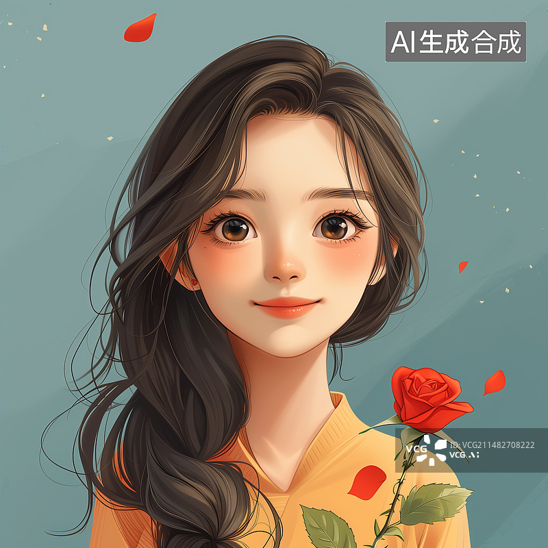 【AI数字艺术】拿着一支玫瑰的可爱长卷发女孩插画图片素材