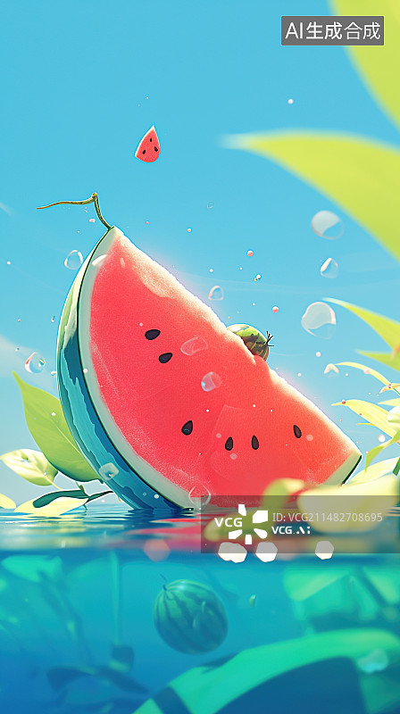 【AI数字艺术】夏日西瓜和水中的西瓜，清凉饮品背景图图片素材