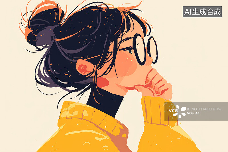 【AI数字艺术】扁平插画思考的戴眼镜的女人图片素材