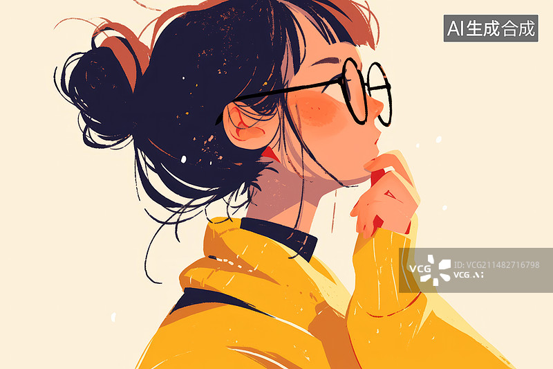 【AI数字艺术】扁平插画思考的戴眼镜的女人图片素材