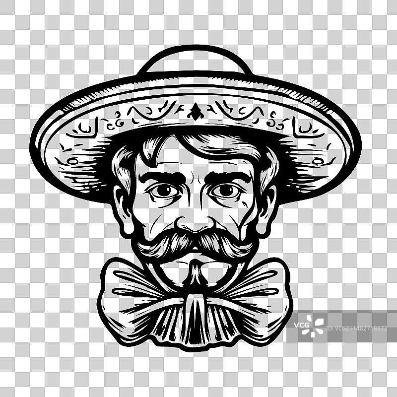 戴帽子和胡子的墨西哥人手绘草图图片素材