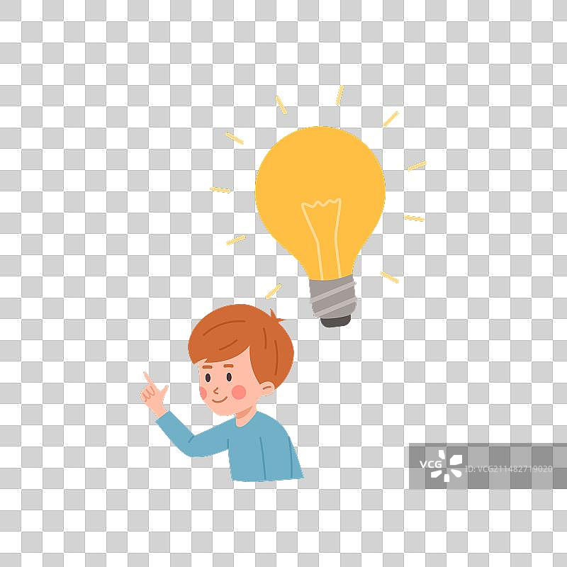 头顶灯泡指向上方的男孩图片素材