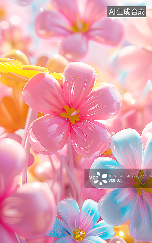 【AI数字艺术】AIGC:膨胀风3D 花束 花丛，场景 节日 气球 背景插图插画图片素材