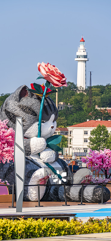 山东省烟台市芝罘区芝罘湾广场吾皇猫烟台山灯塔蓝天风光图片素材
