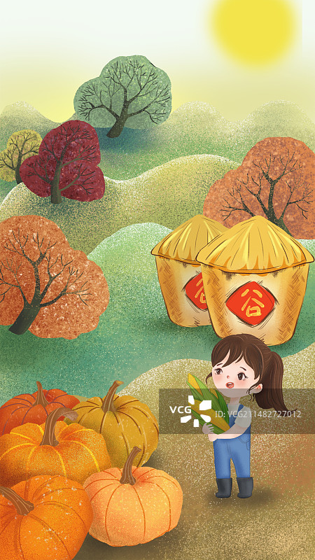 二十四节气 立秋 女孩丰收 南瓜图片素材