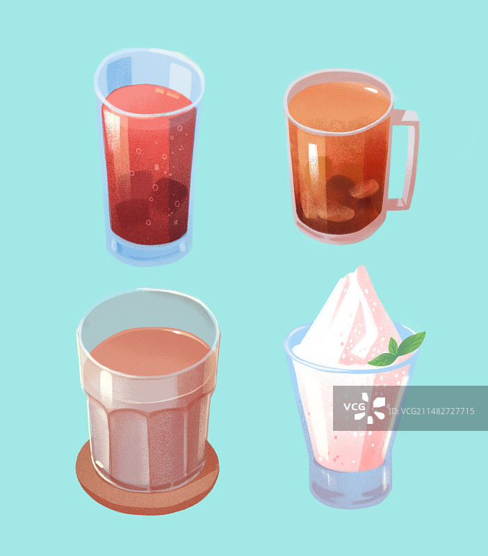 饮品咖啡啤酒可乐果汁圣代冰淇淋手绘插画图片素材