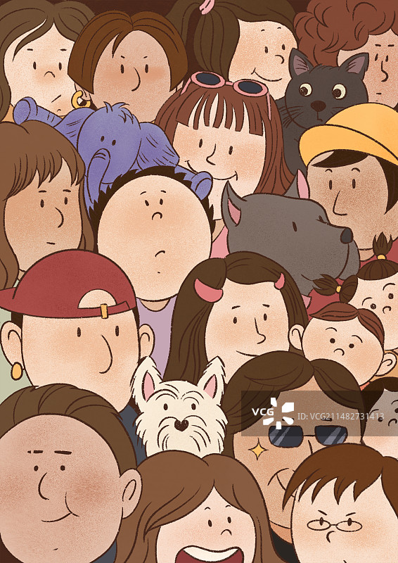 人物群像，人山人海，有小狗小猫藏在中间图片素材