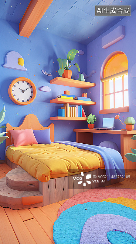 【AI数字艺术】3D渲染的卡通风格卧室背景，世界睡眠日儿童卧室梦幻场景插图图片素材