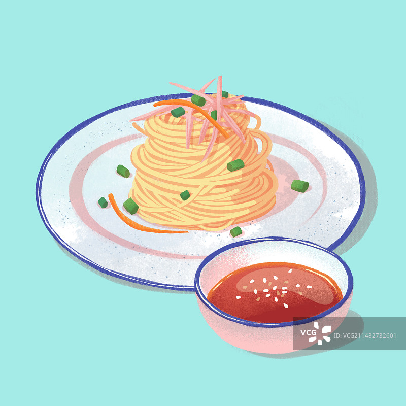 美食川菜鸡丝凉面面条拌面精致手绘插画图片素材