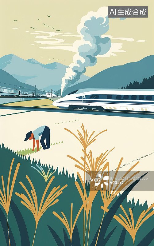 【AI数字艺术】一位农民在稻田插秧，背后一列高铁驶过图片素材
