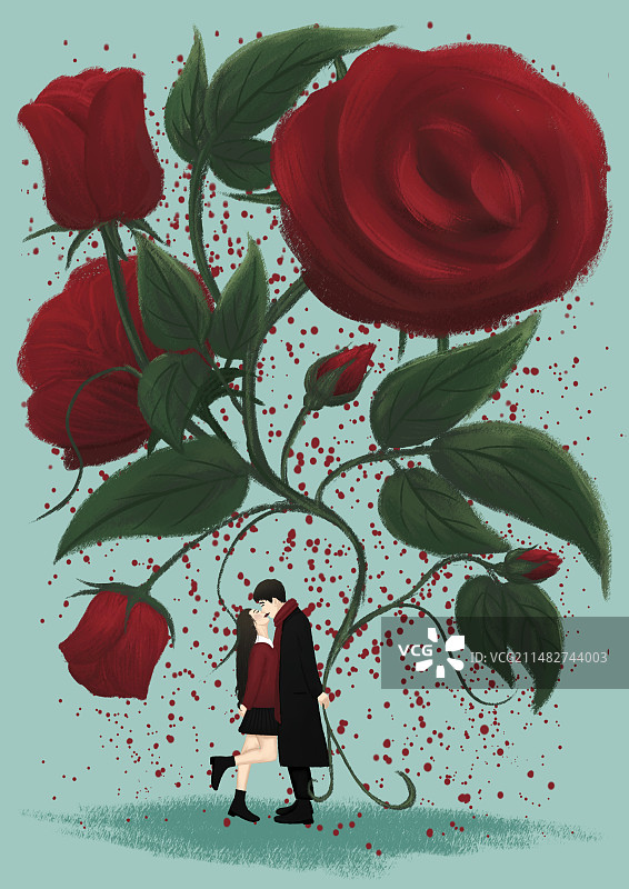 巨型玫瑰花束下接吻的情侣图片素材