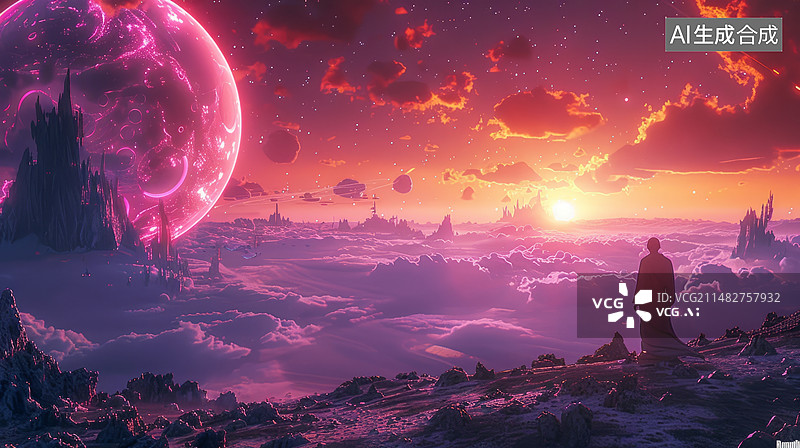 【AI数字艺术】梦幻粉色星球城市，水中岩石，唯美科幻背景素材图片素材