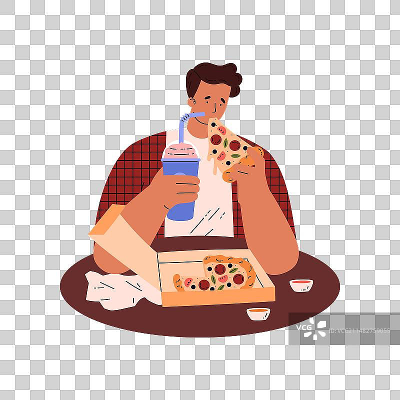 男人吃披萨和汽水图片素材