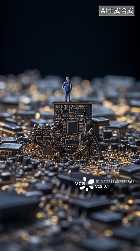 【AI数字艺术】一个科研人员站在很多电脑屏幕芯片微距场景图片素材