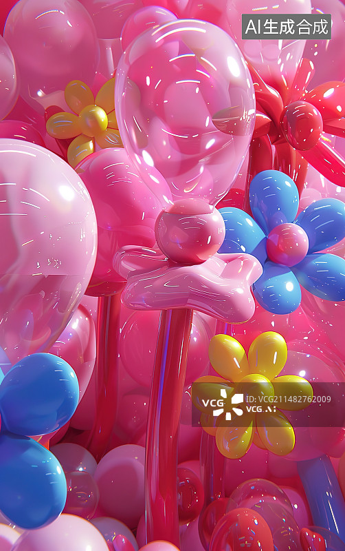 【AI数字艺术】膨胀风，有质感的，3D风格的花丛图片素材