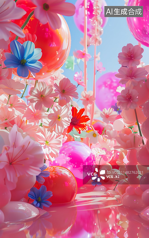 【AI数字艺术】膨胀风，有质感的，3D风格的花丛图片素材