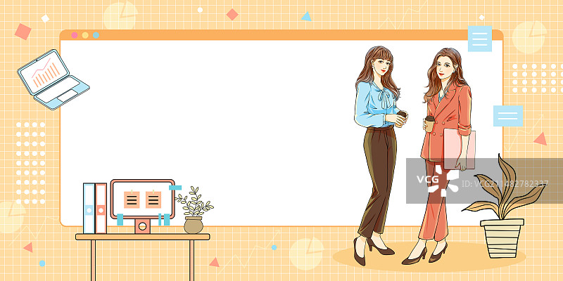 手绘职场商务女性人物与电脑办公桌与空白版背景图片素材