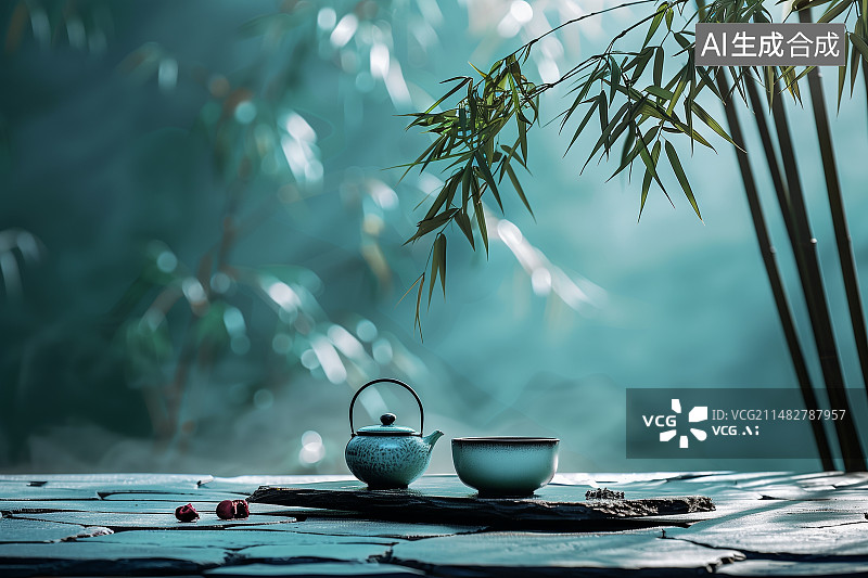 【AI数字艺术】户外茶道茶文化绿色背景图片素材
