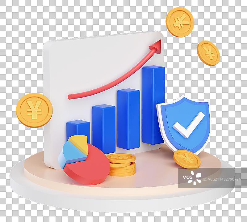 3D渲染钱币柱状数据图饼图盾牌保险理财银行金融免抠元素图片素材