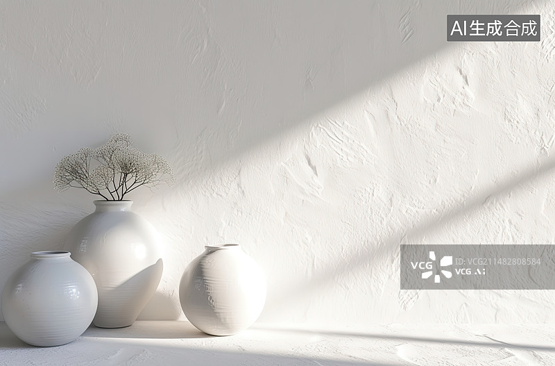 【AI数字艺术】白色墙壁上的花瓶特写镜头图片素材