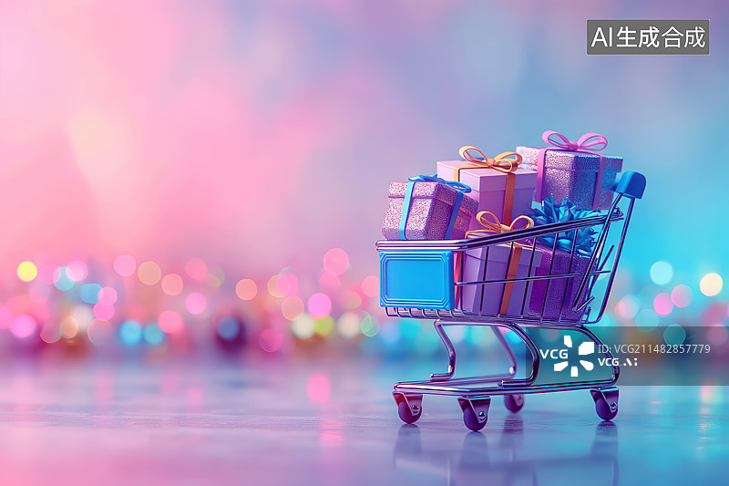 【AI数字艺术】一个装满礼盒的购物车图片素材