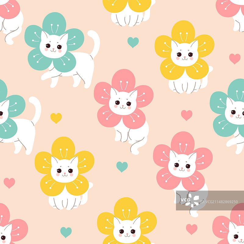 可爱卡哇伊鲜花猫咪无缝图案图片素材