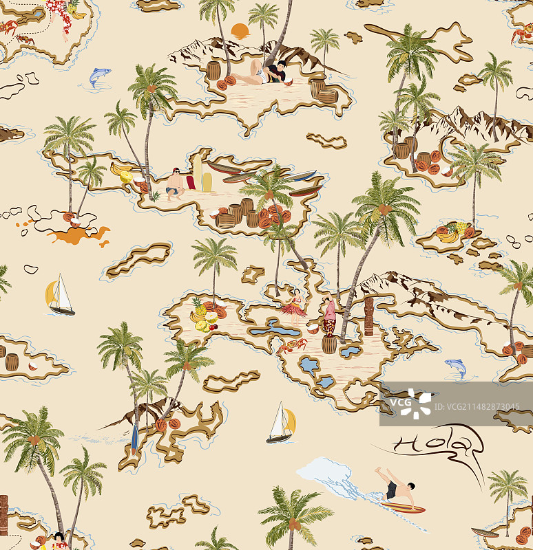 热带岛屿复古无缝图案图片素材