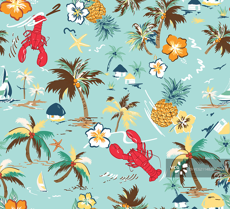 龙虾热带棕榈夏威夷无缝图案图片素材