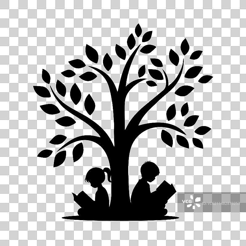 小男孩和女孩树下读书图片素材