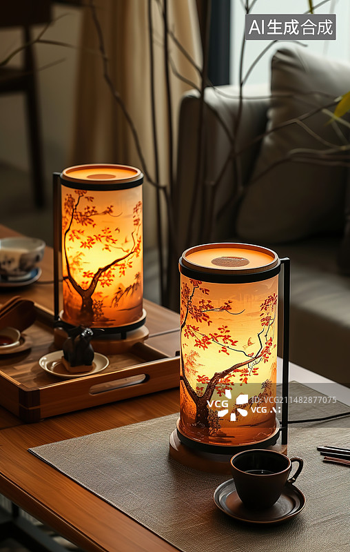 【AI数字艺术】家里桌子上的灯笼和咖啡杯的特写镜头图片素材