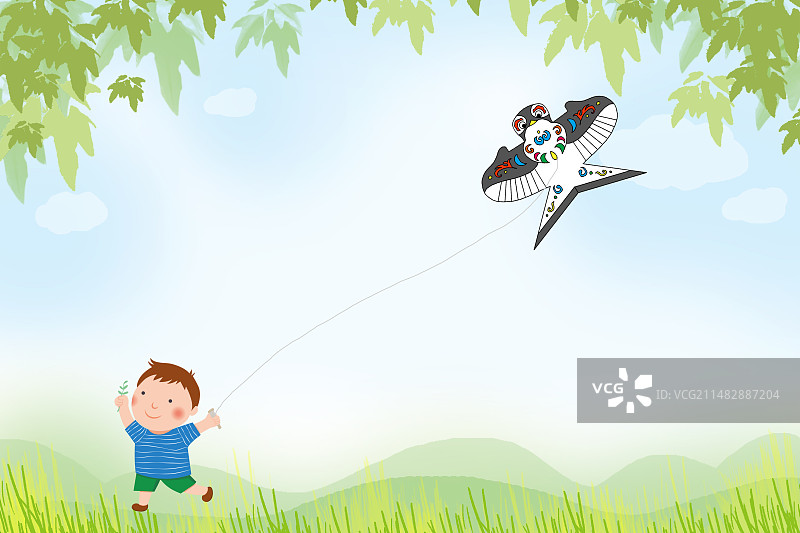 春天可爱的小男孩在草地上放燕子风筝插画图片素材