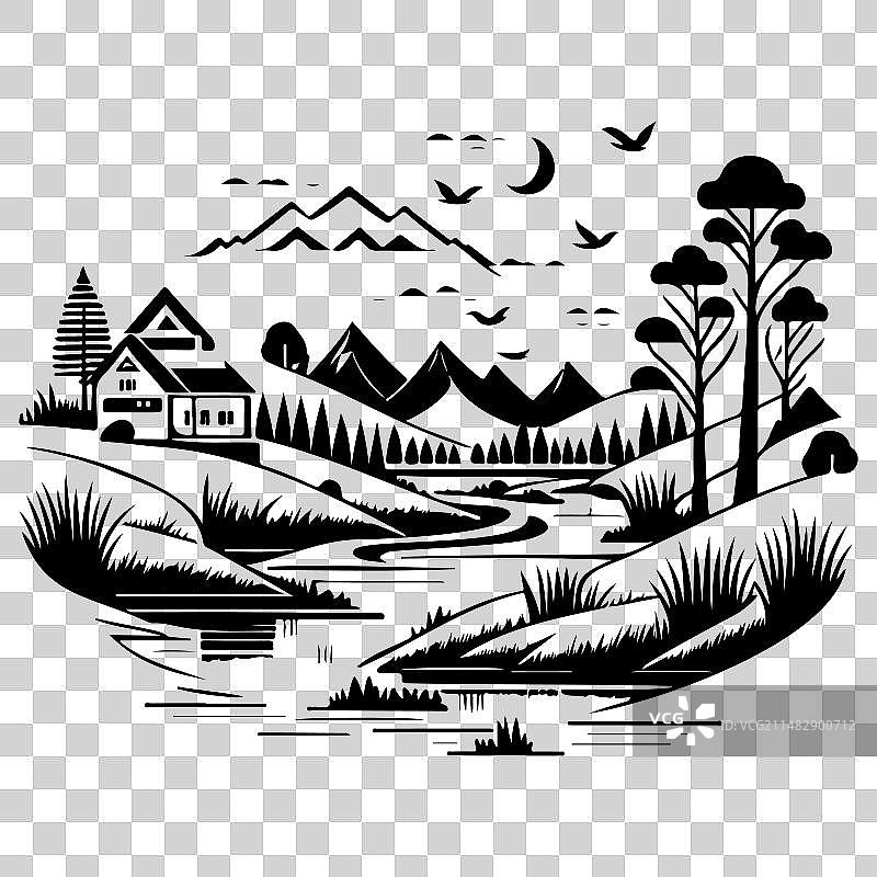 手绘乡村河流速写图片素材