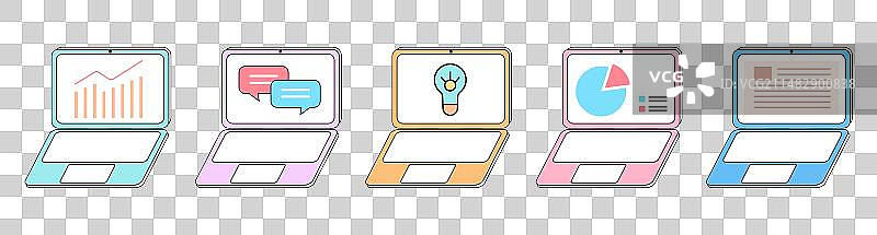 矢量简单绘制扁平风格描边风格小清新台式电脑笔记本电脑及显示多样性内容的插画元素素材图片素材