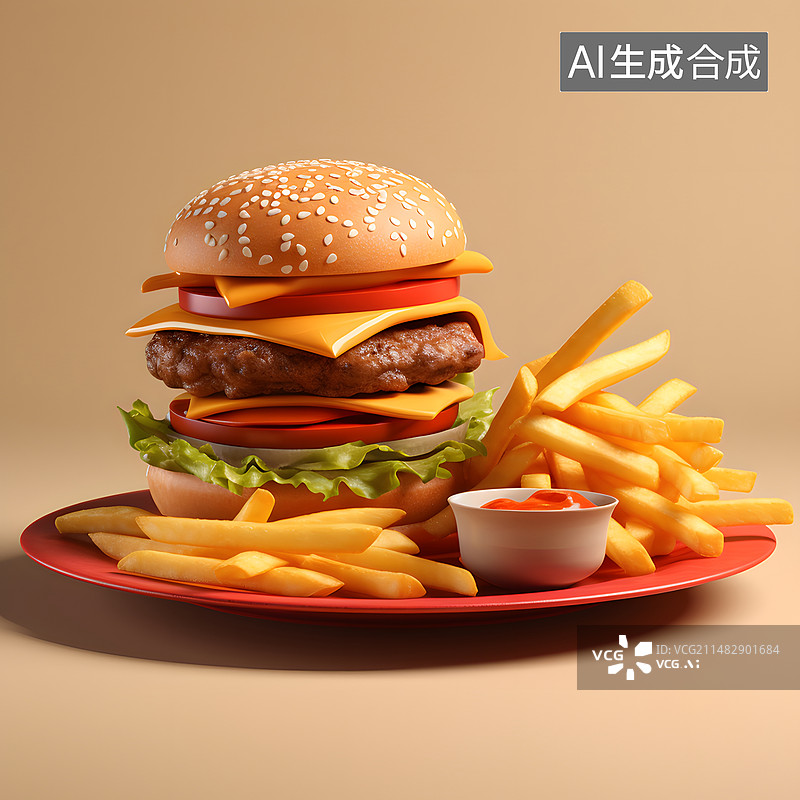【AI数字艺术】快餐汉堡薯条饮料套餐插画图片素材
