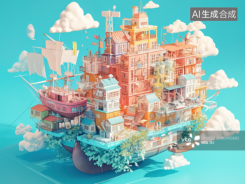 【AI数字艺术】童年幻想的船，儿童节插画图片素材