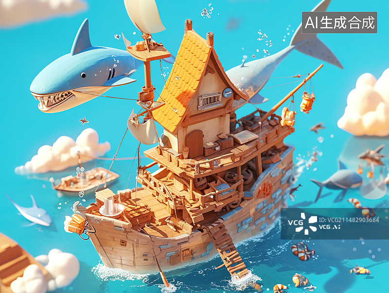 【AI数字艺术】童年幻想的船，儿童节插画图片素材