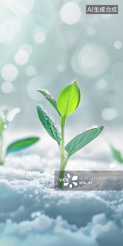 【AI数字艺术】发芽的植物从雪中长出来图片素材