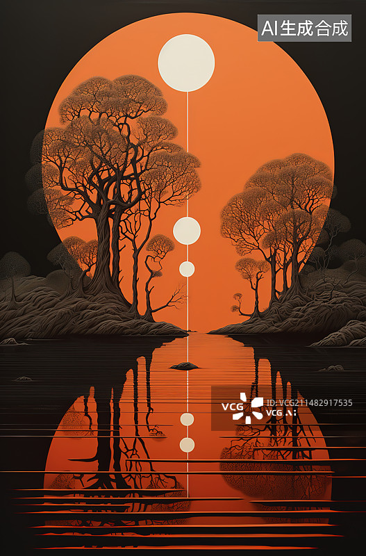 【AI数字艺术】传统的红色灯笼和倒影图片素材