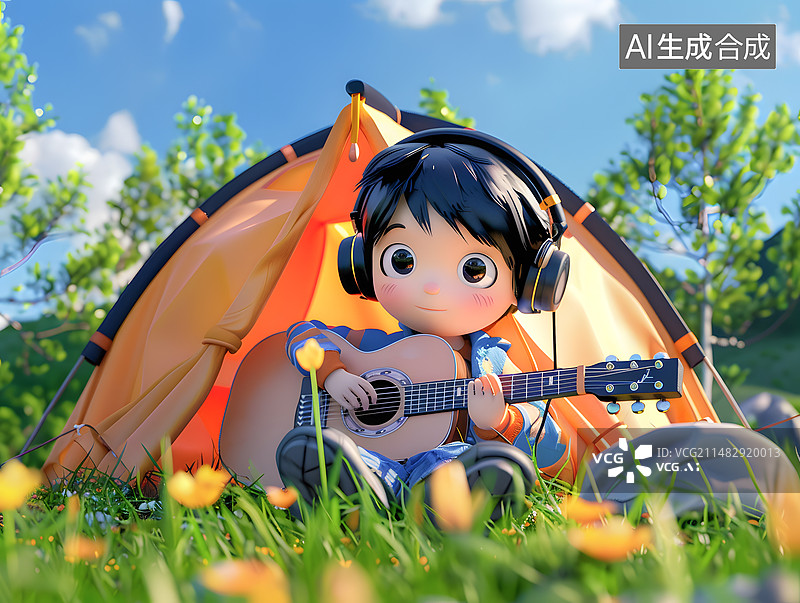 【AI数字艺术】一个坐在帐篷前弹吉他的男孩图片素材