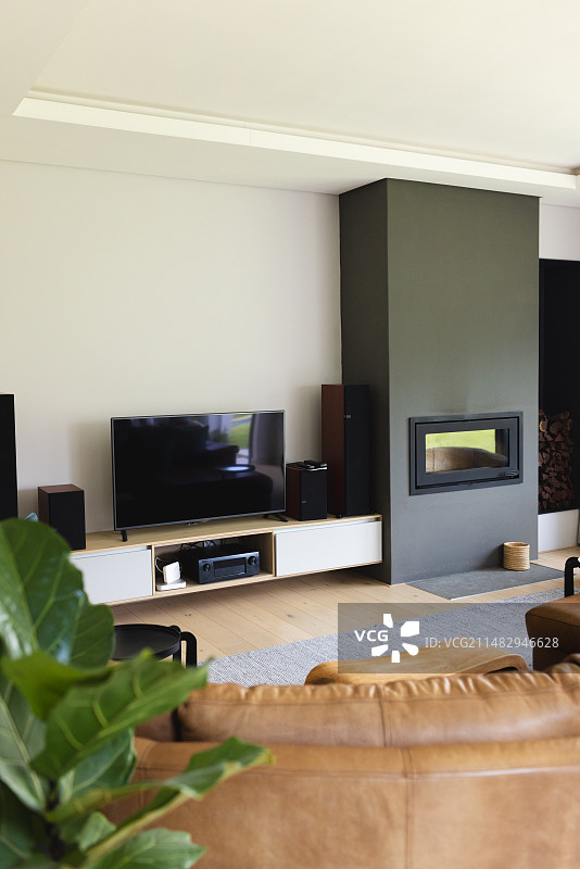 现代客厅：电视、壁炉与棕色皮沙发图片素材
